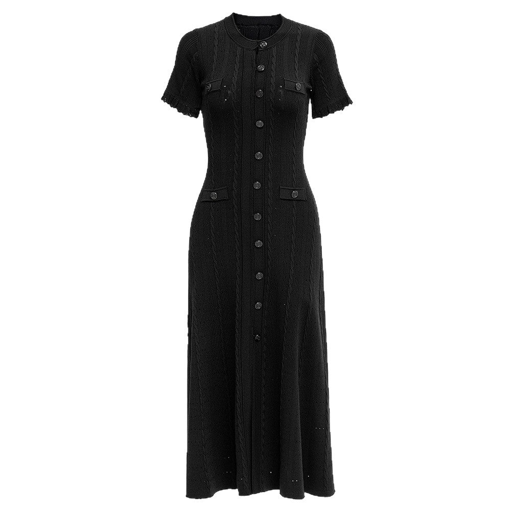 Sandro Elegant Button-Front Midi Dress in Ribbed Eyelet Knit